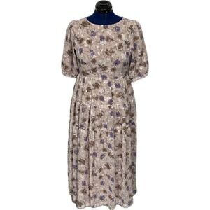 En Saison Floral Jacquard Tiered Maxi Dress Puff Sleeve M Purple Brown Boho